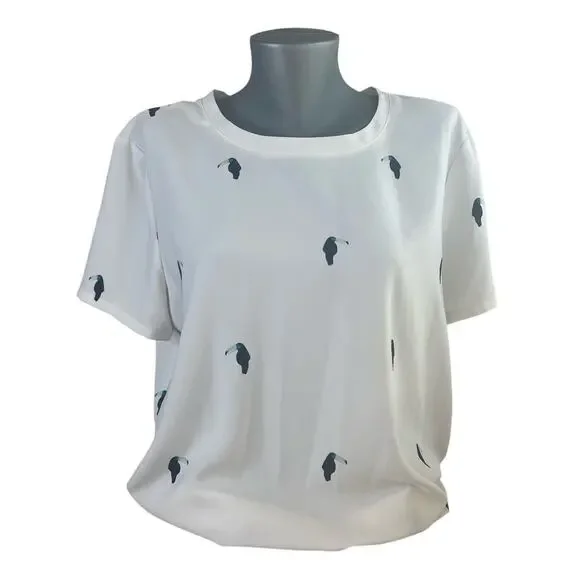 Ann Taylor Loft Outlet Women's White Toucan Print Top Blouse Shirt Size Large - Picture 1 of 7